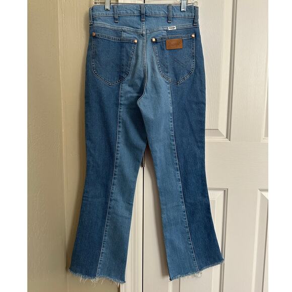 Wrangler WROCK High Rise Kick Flare Jeans Blue Denim Split Panel Raw Hem 29x28 - Picture 4 of 7